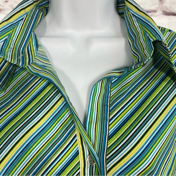Appàrenza Stretch Button down Shirt SZ PL Green Stripes 3/4 Sleeves EUC - Picture 3 of 8